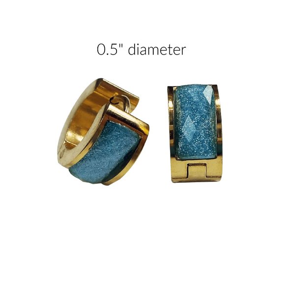 Gold Plated Stainless Steel Round Huggies Earrings Light Blue - Picture 2 of 3